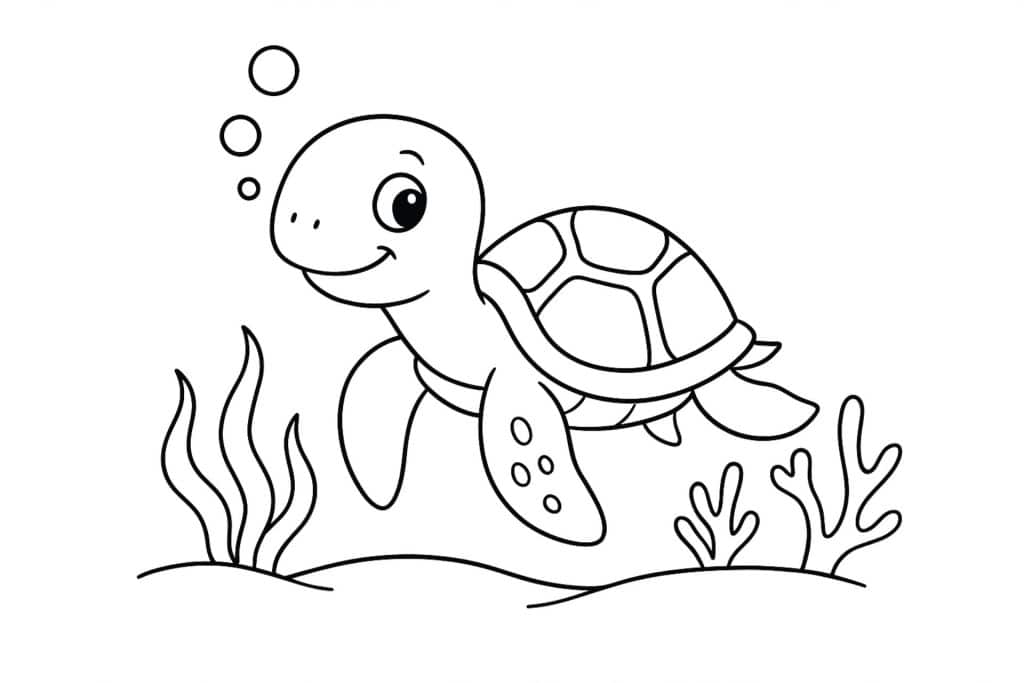 Meerestiere Ausmalbild ab 4 Jahre - Schildkröte schwimmt gemächlich im Meer