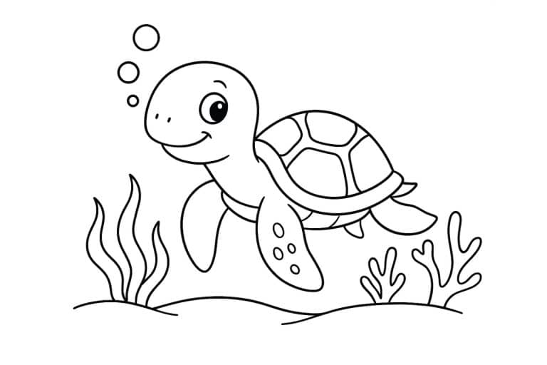 Meerestiere Ausmalbild ab 4 Jahre - Schildkröte schwimmt gemächlich im Meer
