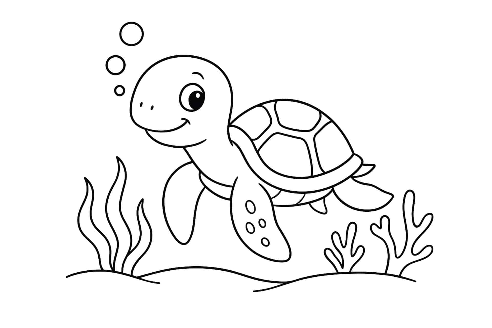 Meerestiere Ausmalbild ab 4 Jahre - Schildkröte schwimmt gemächlich im Meer