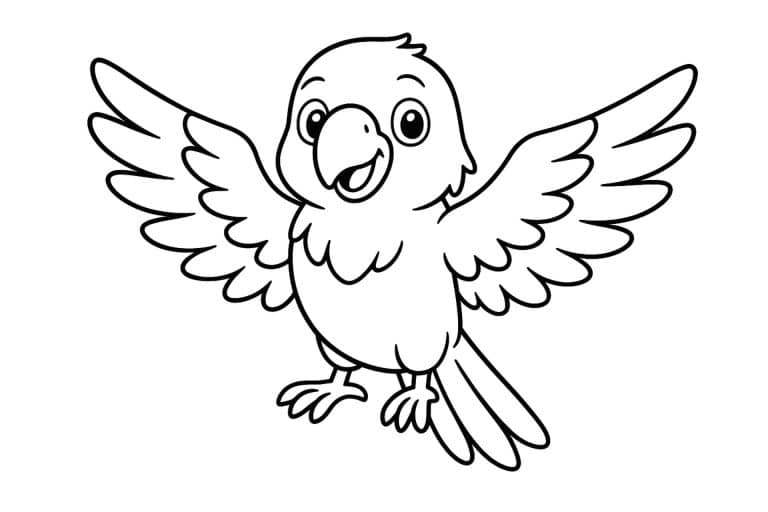 Vögel Ausmalbild ab 4 Jahre - Papagei mit ausgebreiteten Flügeln