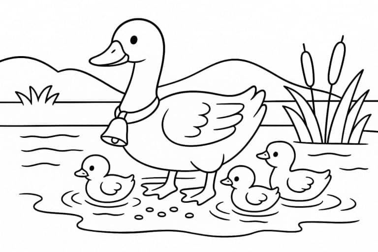 Bauernhoftiere Ausmalbild ab 6 Jahre - Gänsefamilie am Teich