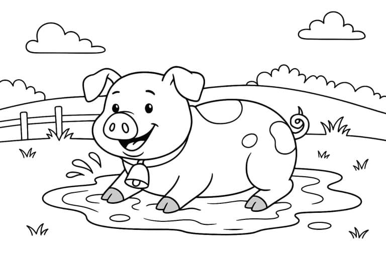 Bauernhoftiere Ausmalbild ab 6 Jahre - Schwein suhlt sich im Matsch