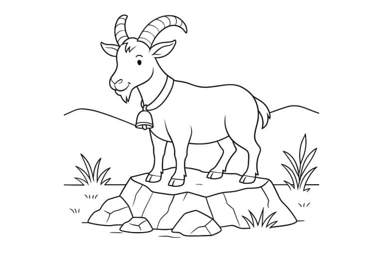 Bauernhoftiere Ausmalbild ab 6 Jahre - Ziegenbock auf einem Felsen