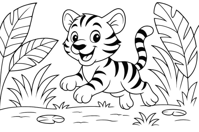 Dschungeltiere Ausmalbild ab 6 Jahre - Tiger beim Spielen