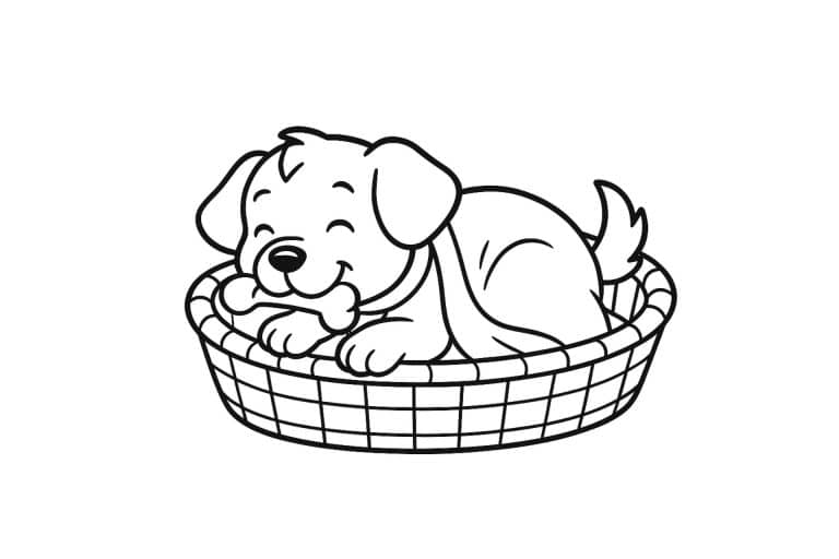 Hunde Ausmalbild ab 6 Jahre - Hund im Hundekörbchen mit Decke