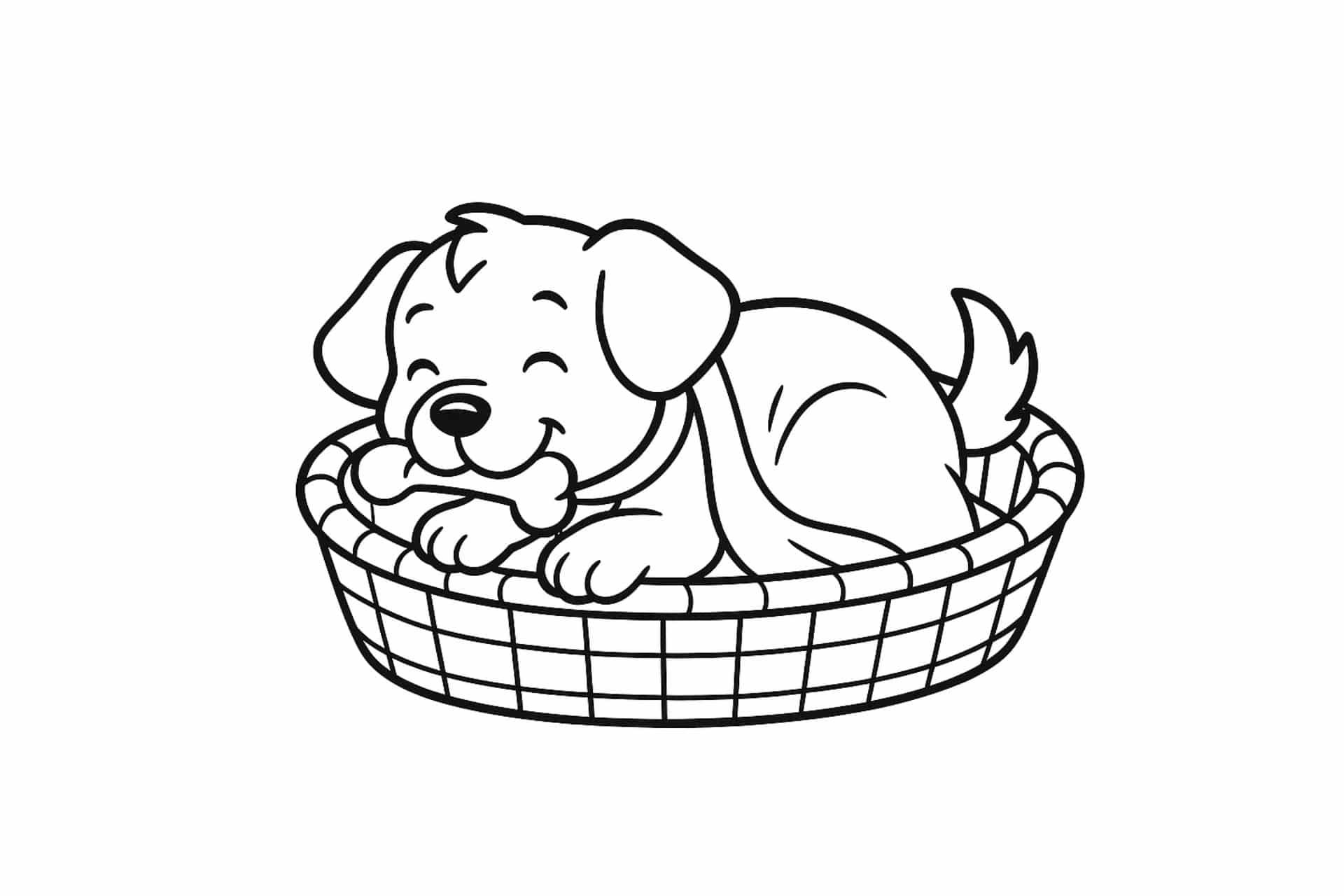 Hunde Ausmalbild ab 6 Jahre - Hund im Hundekörbchen mit Decke
