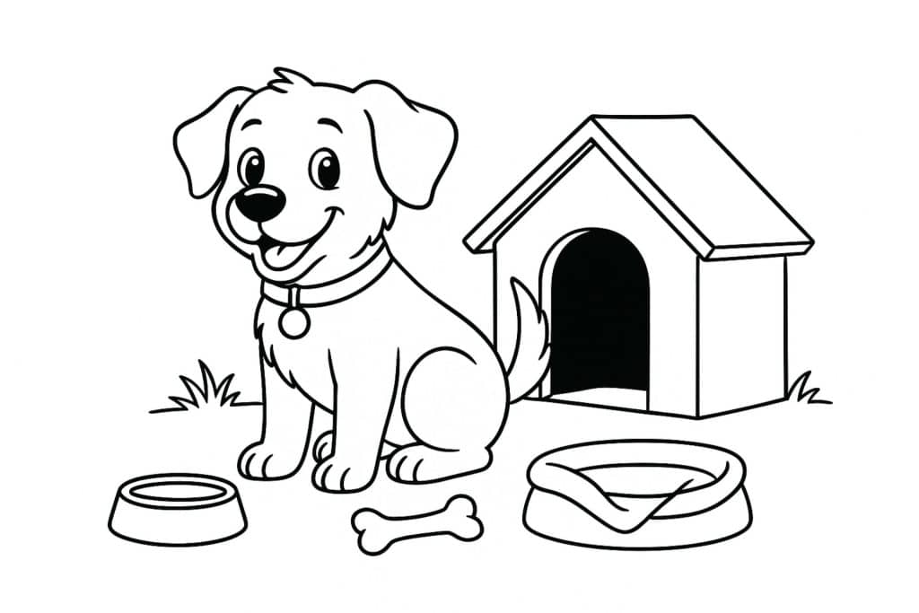 Hunde Ausmalbild ab 6 Jahre - Hund mit Hundehütte