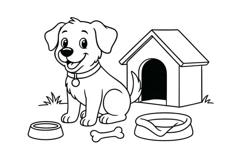 Hunde Ausmalbild ab 6 Jahre - Hund mit Hundehütte