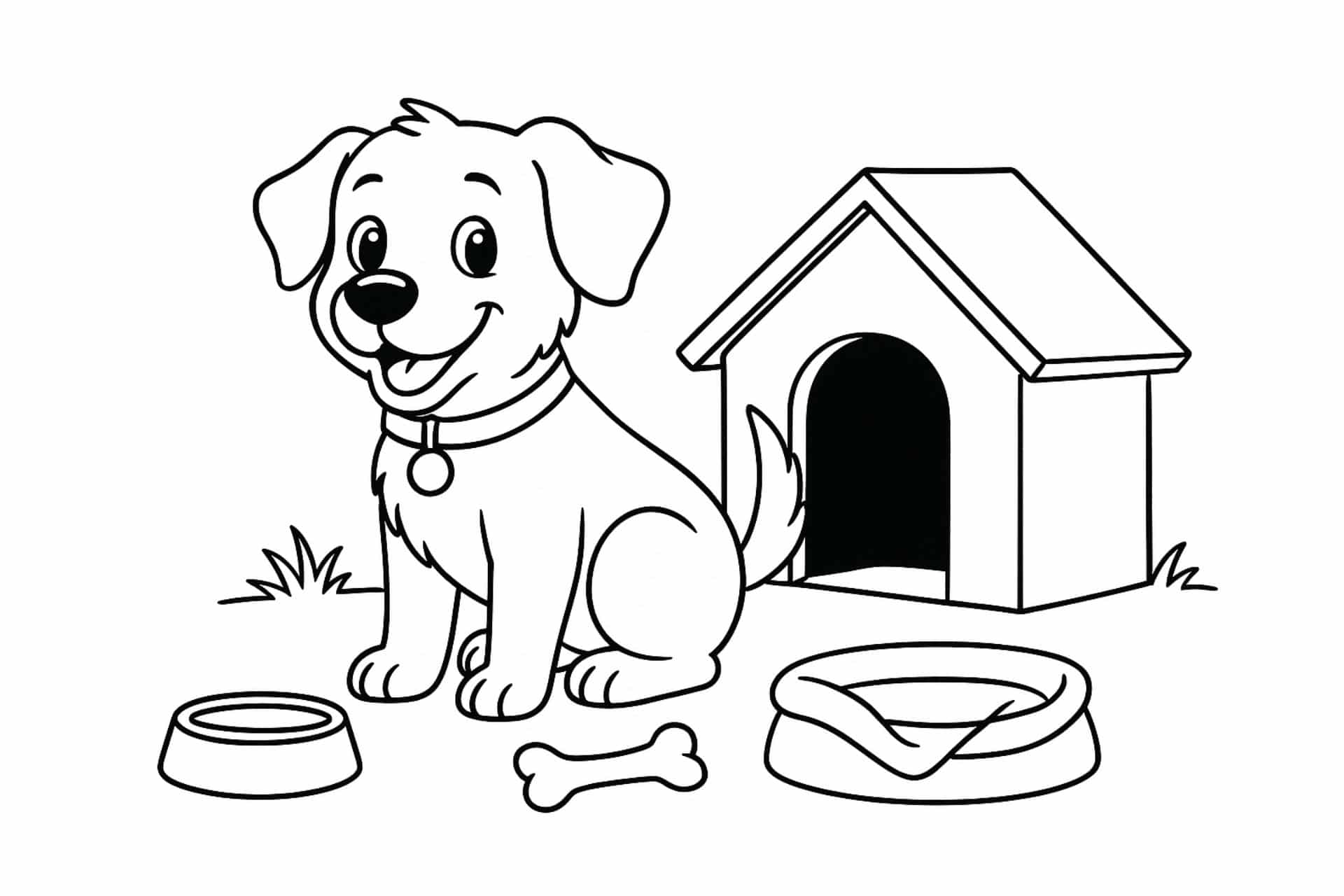 Hunde Ausmalbild ab 6 Jahre - Hund mit Hundehütte