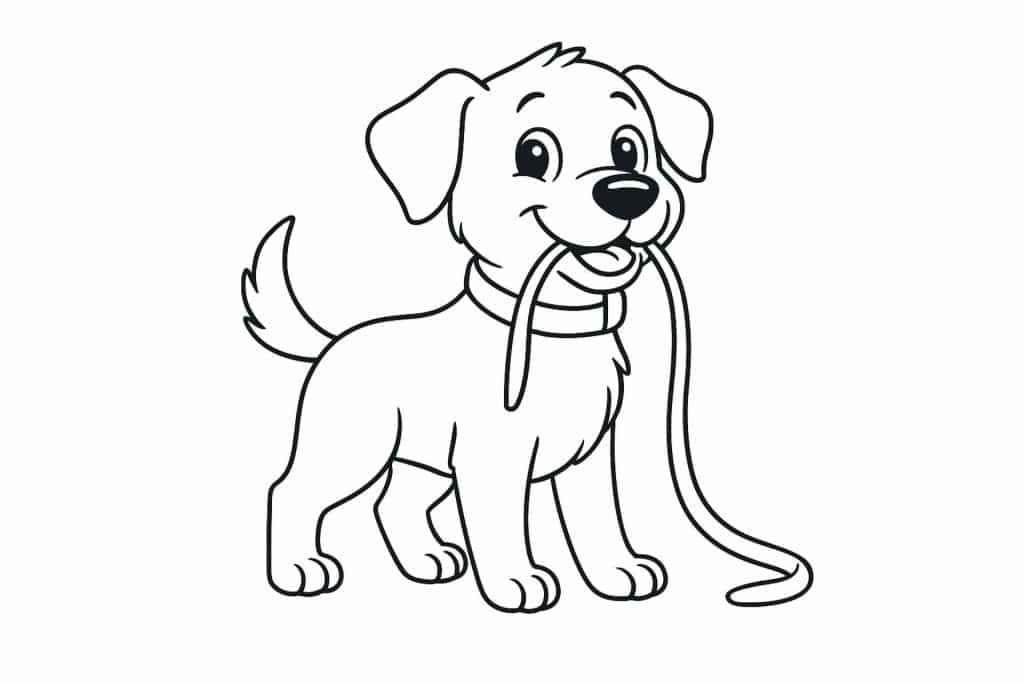 Hunde Ausmalbild ab 6 Jahre - Hund mit Leine im Maul