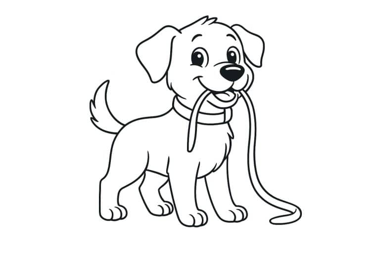 Hunde Ausmalbild ab 6 Jahre - Hund mit Leine im Maul