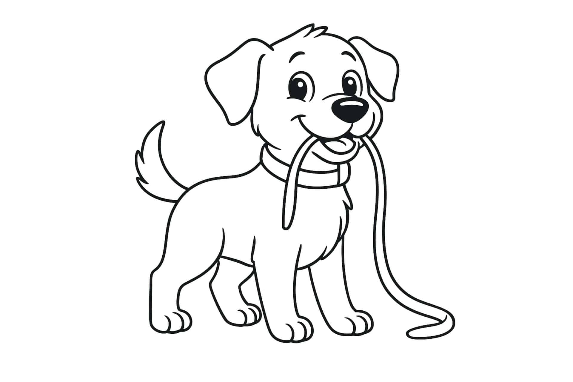 Hunde Ausmalbild ab 6 Jahre - Hund mit Leine im Maul