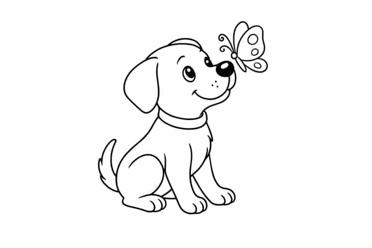 Hunde Ausmalbild ab 6 Jahre - Welpe mit Schmetterling