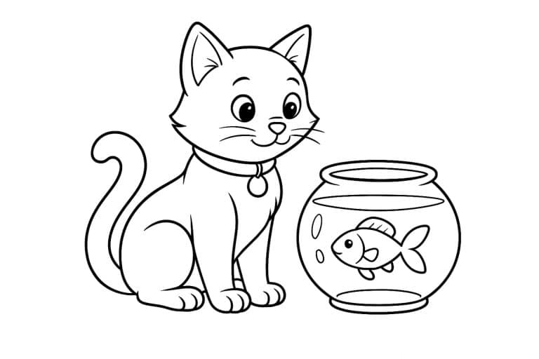 Katzen Ausmalbild ab 6 Jahre - Katze mit Fischglas
