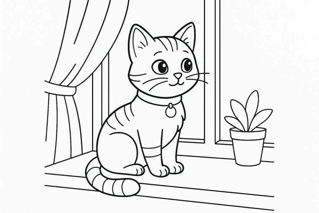 Katzen Ausmalbild ab 6 Jahre - Katze schaut aus dem Fenster