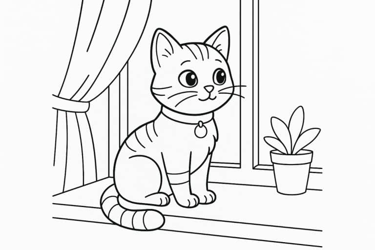 Katzen Ausmalbild ab 6 Jahre - Katze schaut aus dem Fenster