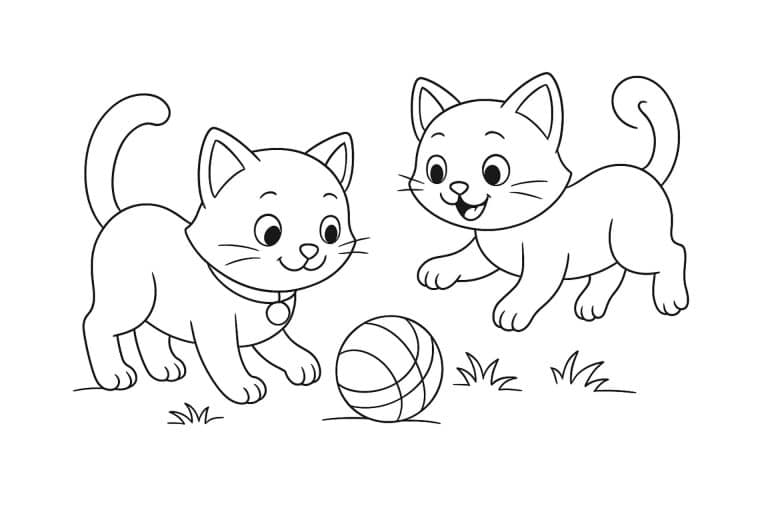 Katzen Ausmalbild ab 6 Jahre - Spielende Katzen mit Ball