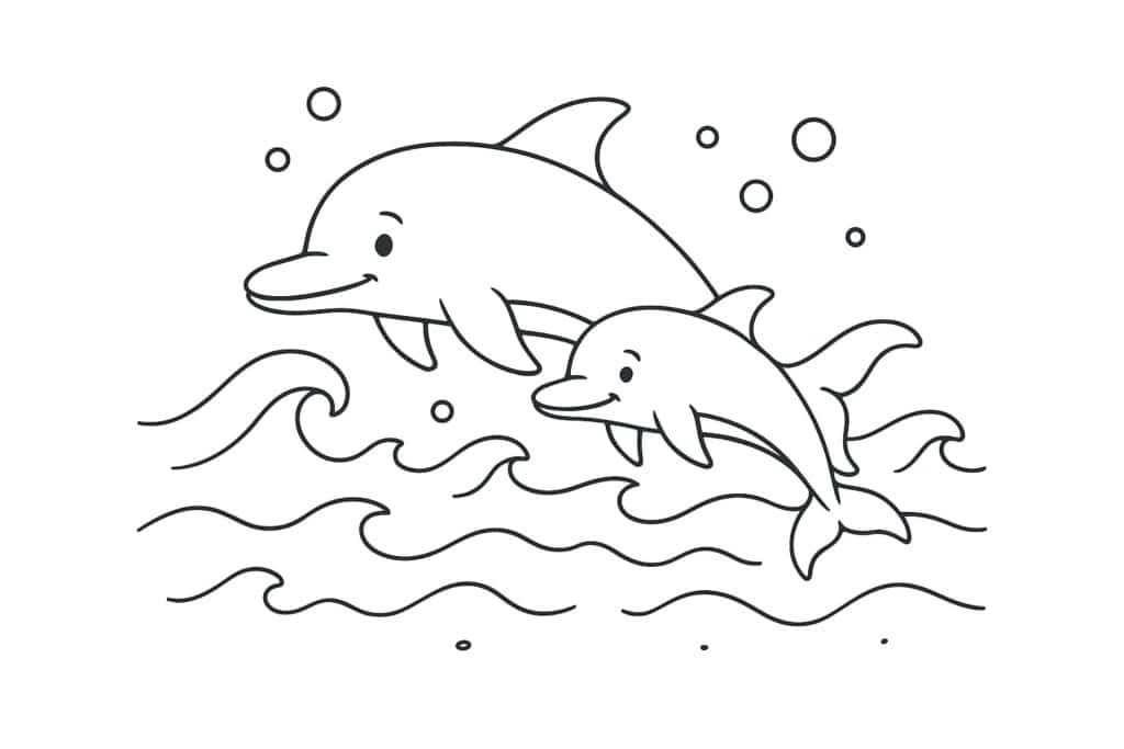 Meerestiere Ausmalbild ab 6 Jahre - Delfinfamilie beim Schwimmen