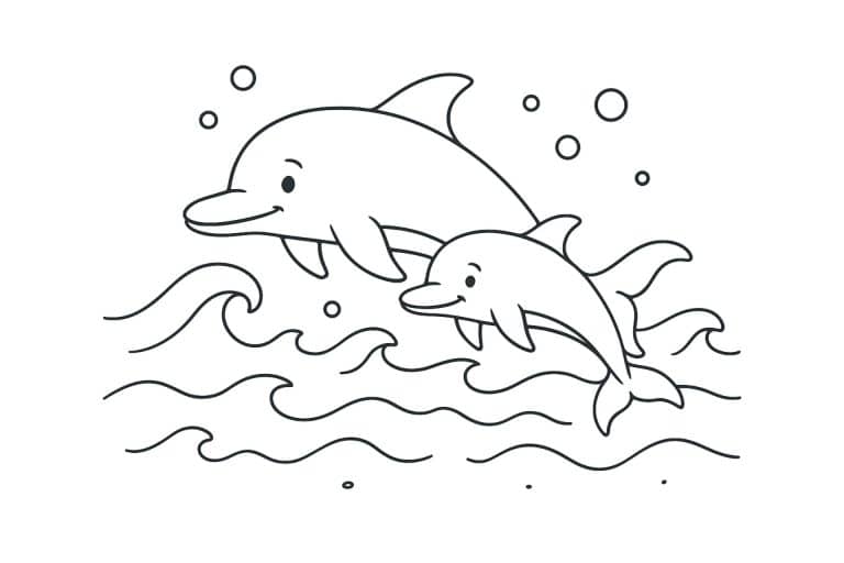 Meerestiere Ausmalbild ab 6 Jahre - Delfinfamilie beim Schwimmen