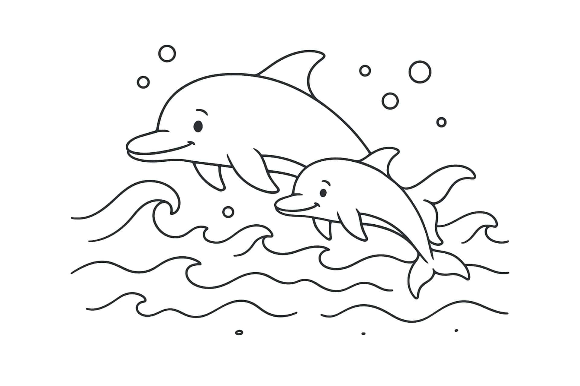 Meerestiere Ausmalbild ab 6 Jahre - Delfinfamilie beim Schwimmen