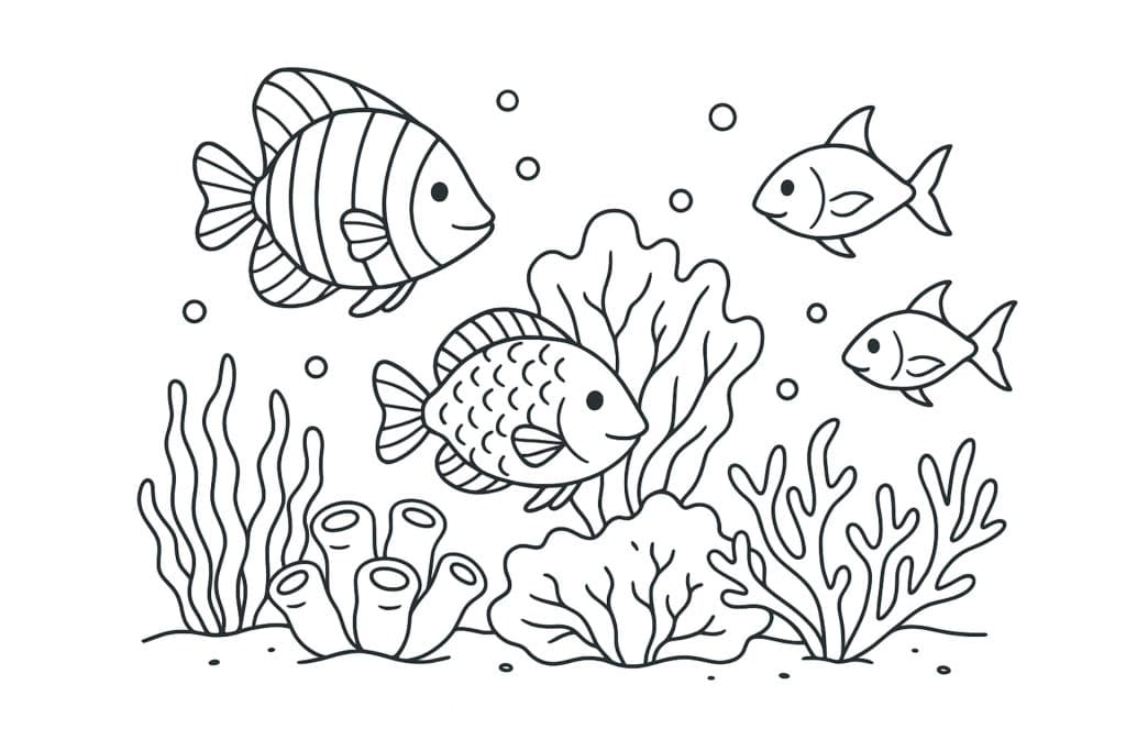 Meerestiere Ausmalbild ab 6 Jahre - Korallenriff mit verschiedenen Fischen