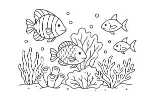 Meerestiere Ausmalbild ab 6 Jahre - Korallenriff mit verschiedenen Fischen