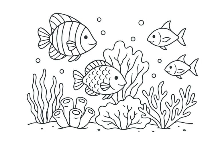 Meerestiere Ausmalbild ab 6 Jahre - Korallenriff mit verschiedenen Fischen