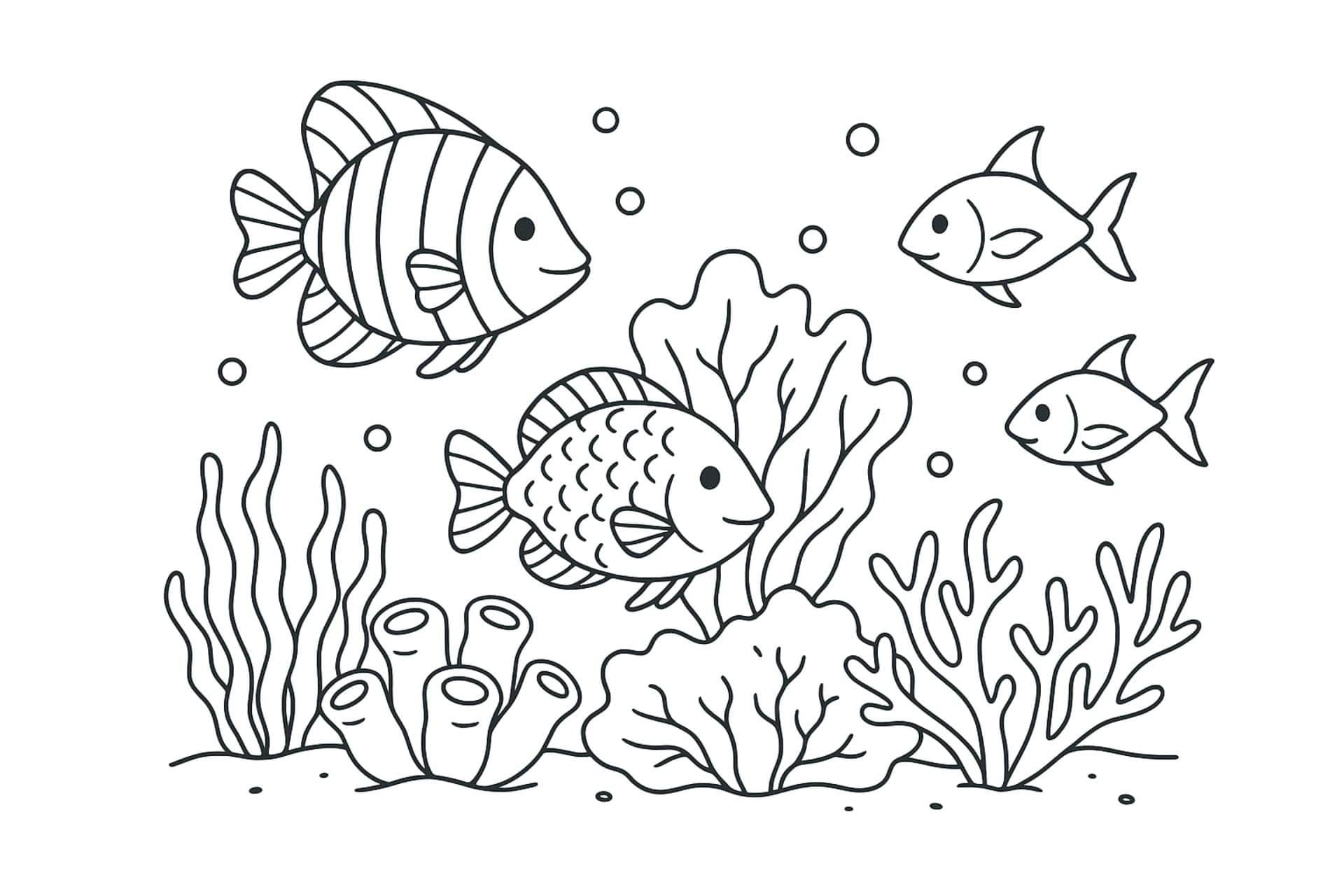 Meerestiere Ausmalbild ab 6 Jahre - Korallenriff mit verschiedenen Fischen