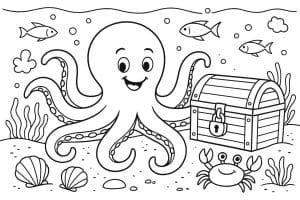 Meerestiere Ausmalbild ab 6 Jahre - Oktopus mit Schatztruhe