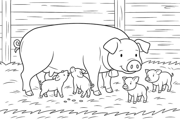Bauernhoftiere Ausmalbild ab 8 Jahre - Schwein mit Ferkeln im Stall