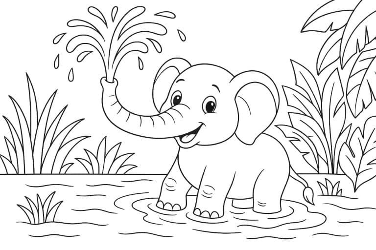 Dschungeltiere Ausmalbild ab 8 Jahre - Elefant beim Baden im Fluss