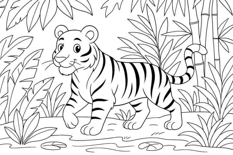 Dschungeltiere Ausmalbild ab 8 Jahre - Tiger im Dschungel mit Bambus und Blättern