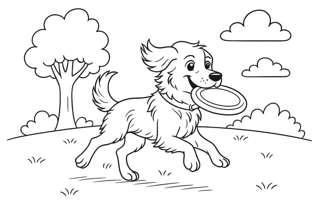 Hunde Ausmalbild ab 8 Jahre - Hund im Park mit Frisbee