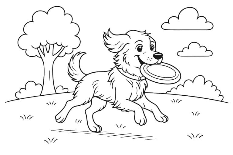 Hunde Ausmalbild ab 8 Jahre - Hund im Park mit Frisbee