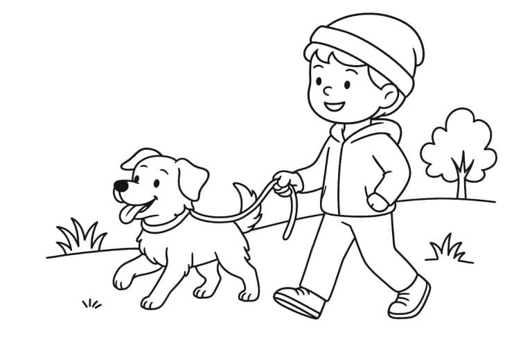 Hunde Ausmalbild ab 8 Jahre - Hund mit Kind auf Spaziergang
