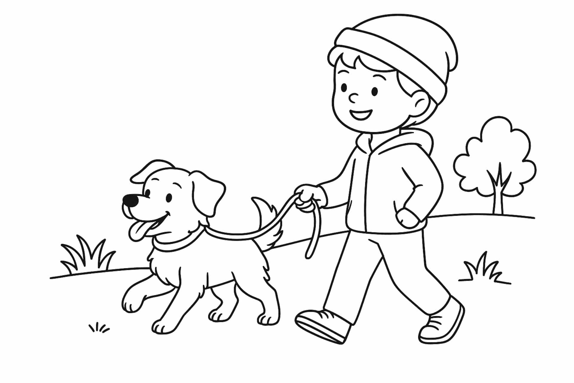 Hunde Ausmalbild ab 8 Jahre - Hund mit Kind auf Spaziergang