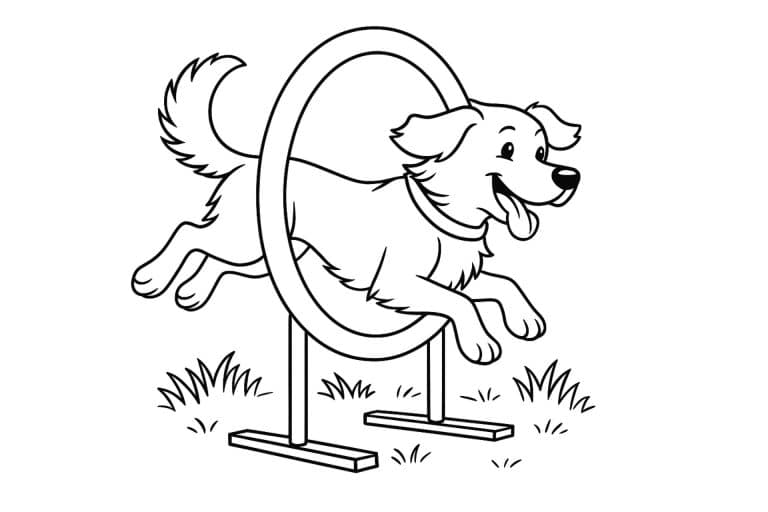 Hunde Ausmalbild ab 8 Jahre - Hund springt durch einen Reifen