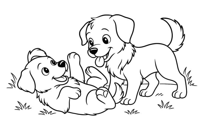 Hunde Ausmalbild ab 8 Jahre - Hundewelpen beim Spielen