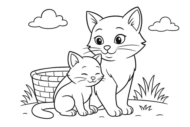 Katzen Ausmalbild ab 8 Jahre - Katze mit Kätzchen