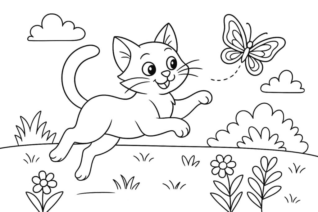 Katzen Ausmalbild ab 8 Jahre - Katze spielt mit einem Schmetterling im Garten