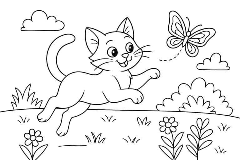 Katzen Ausmalbild ab 8 Jahre - Katze spielt mit einem Schmetterling im Garten