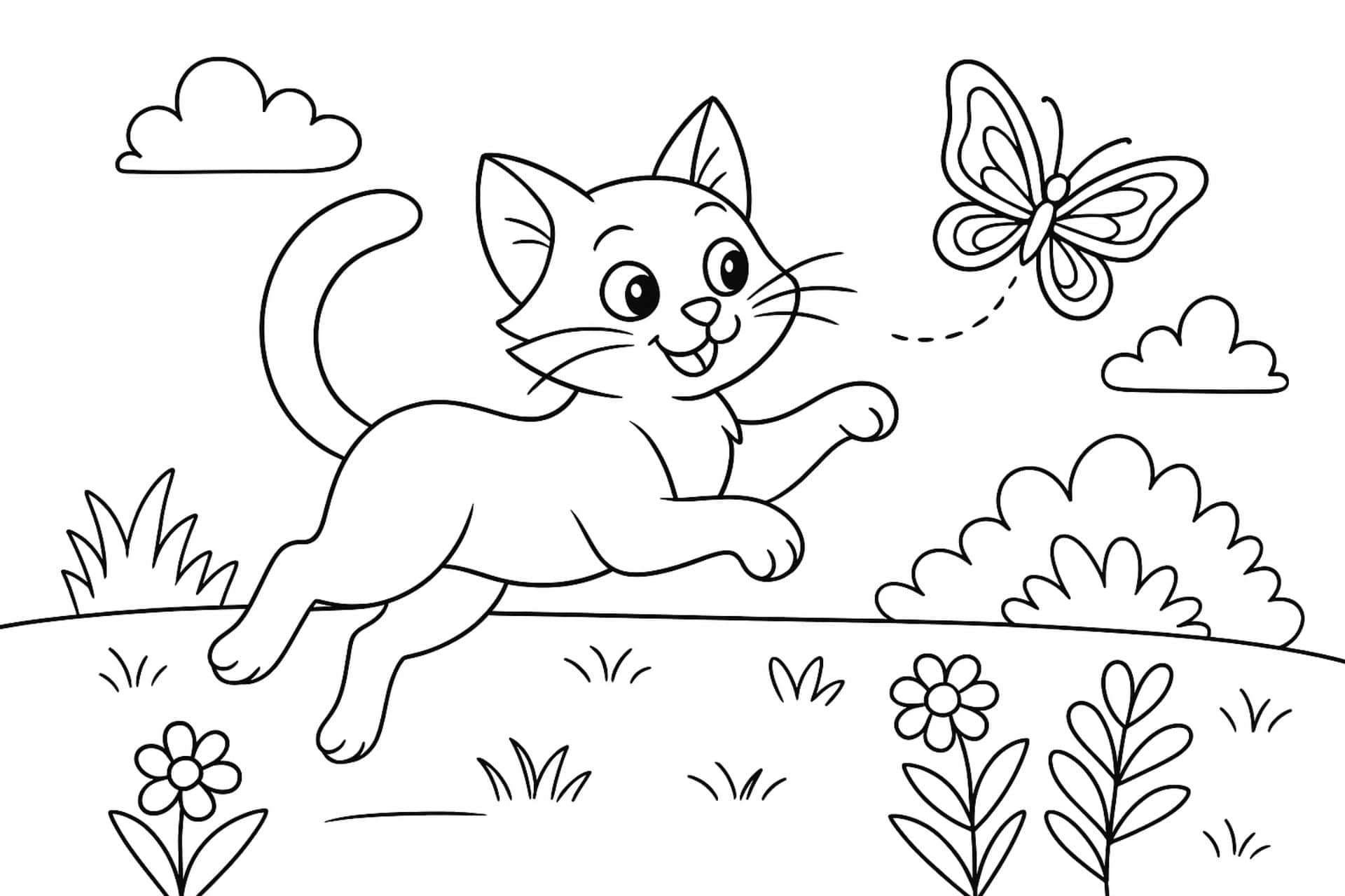 Katzen Ausmalbild ab 8 Jahre - Katze spielt mit einem Schmetterling im Garten