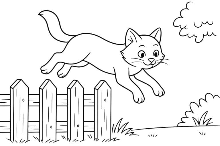 Katzen Ausmalbild ab 8 Jahre - Katze springt von einem Zaun