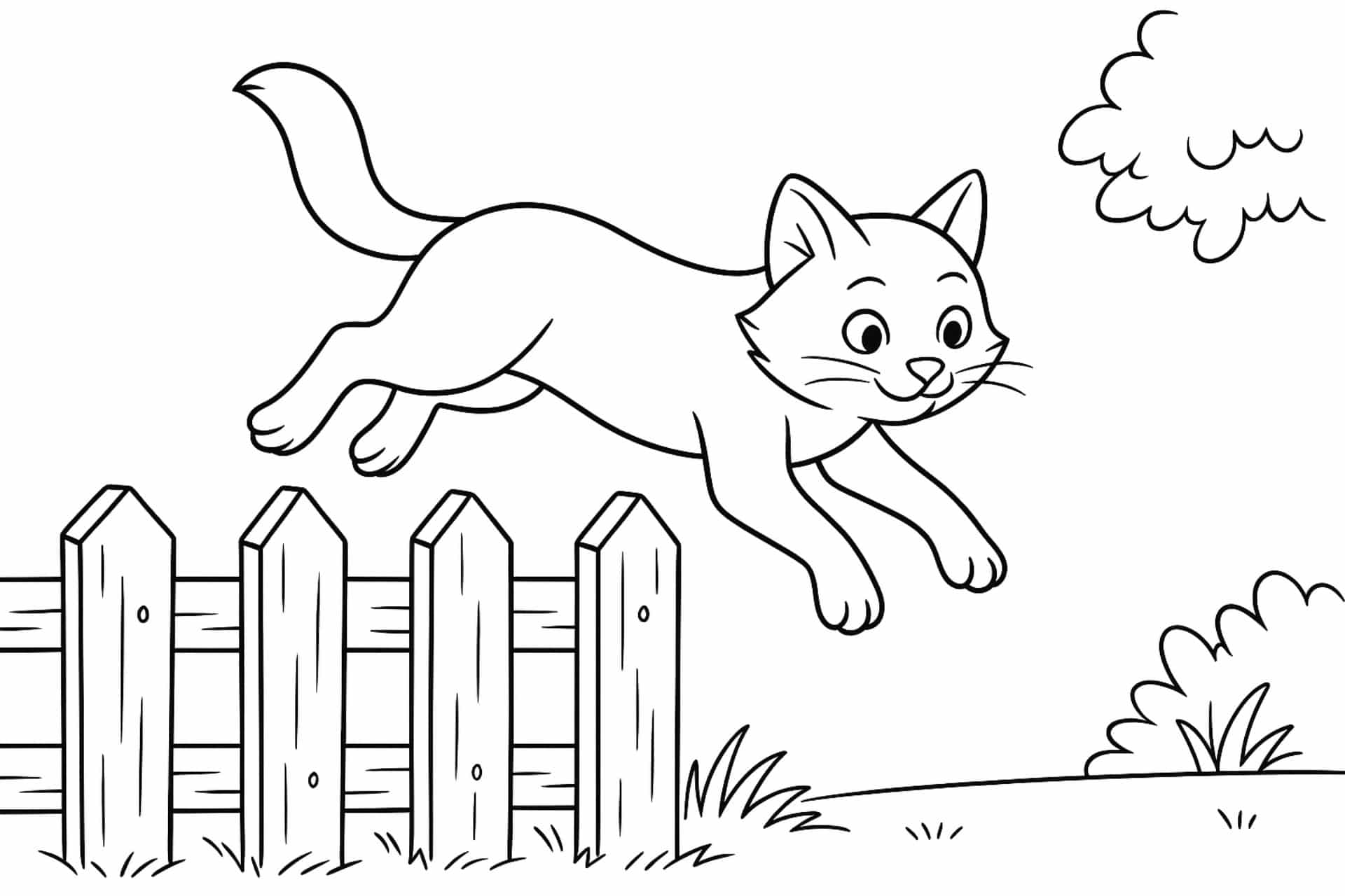 Katzen Ausmalbild ab 8 Jahre - Katze springt von einem Zaun