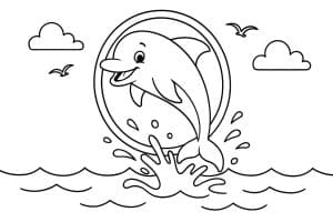 Meerestiere Ausmalbild ab 8 Jahre - Delfin springt durch einen Reifen