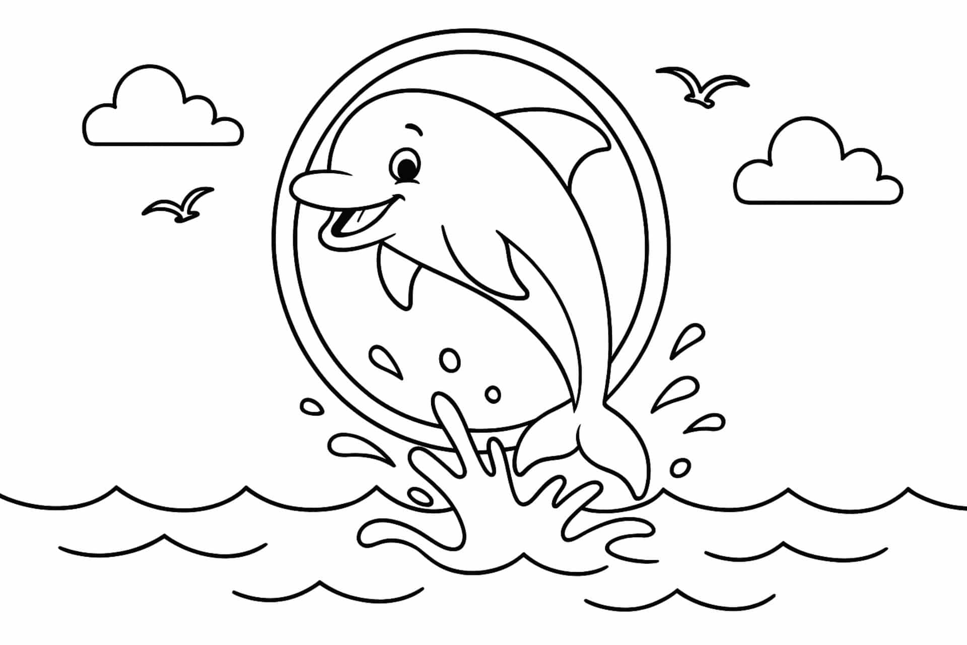 Meerestiere Ausmalbild ab 8 Jahre - Delfin springt durch einen Reifen