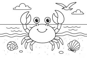 Meerestiere Ausmalbild ab 8 Jahre - Krabbe mit Strandkulisse
