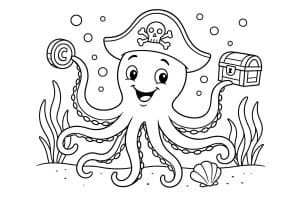 Meerestiere Ausmalbild ab 8 Jahre - Oktopus mit Piratenhut