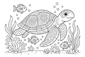 Meerestiere Ausmalbild ab 8 Jahre - Schildkröte mit vielen Mustern und Korallen