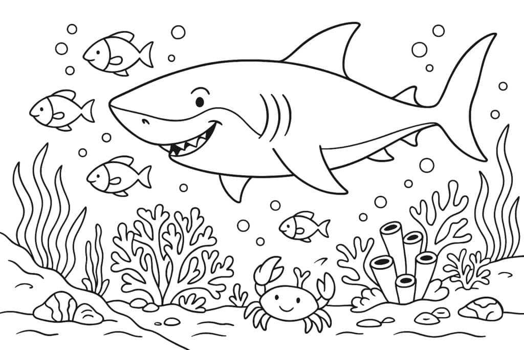Meerestiere Ausmalbild ab 8 Jahre - Unterwasserwelt mit Haifisch